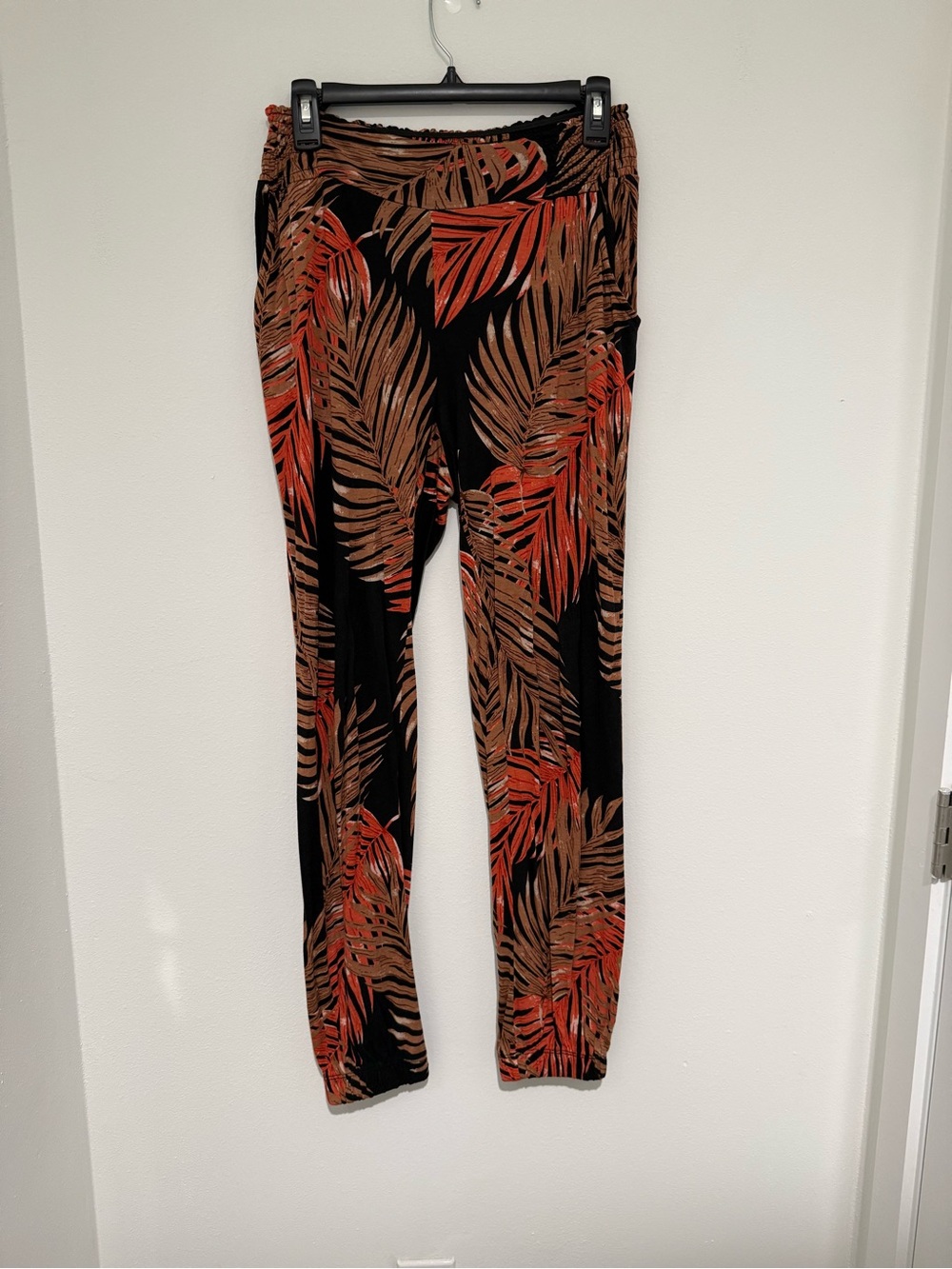 Tropical Leaf Print Black Pants with Burnt Orange & Tan